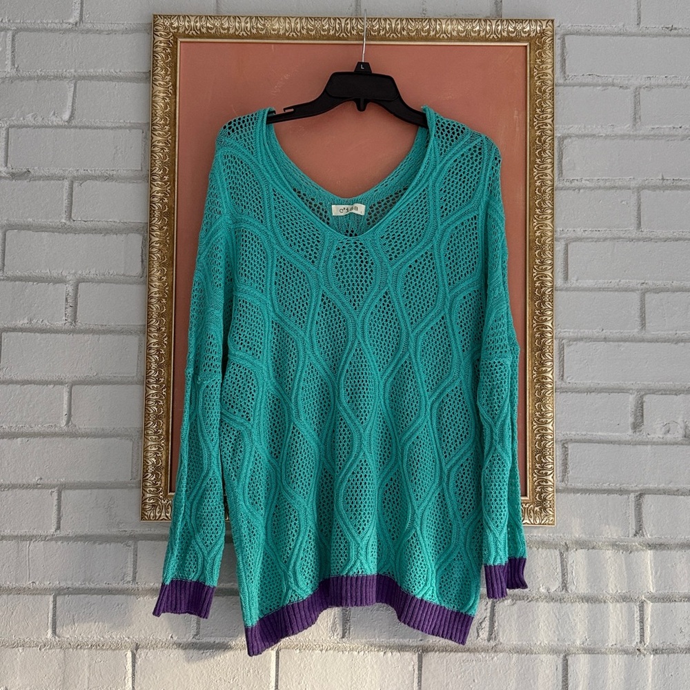 Turquoise and purple boutique knit slouchy shoulder oversized sweater